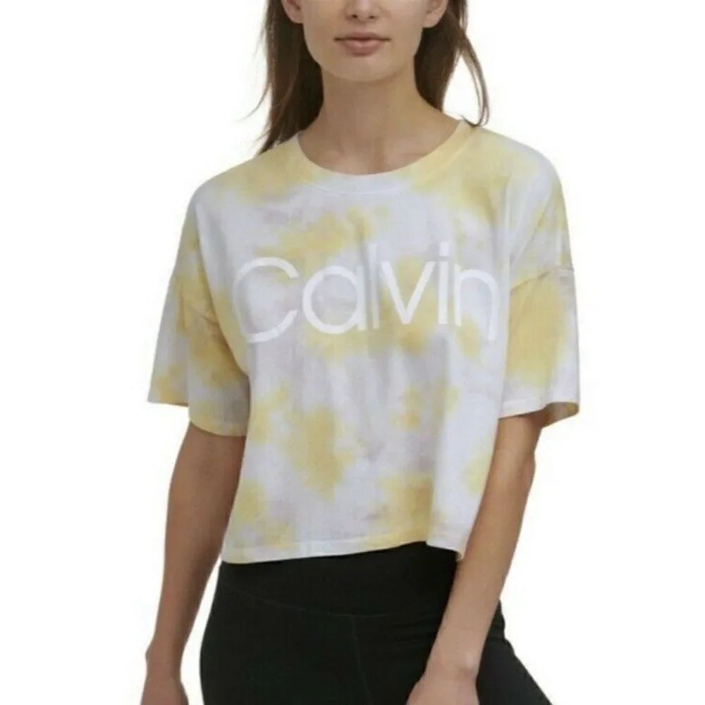 Calvin Klein Women's Daffodil Yellow Tie Dye Cropped T-Shirt Small NWT